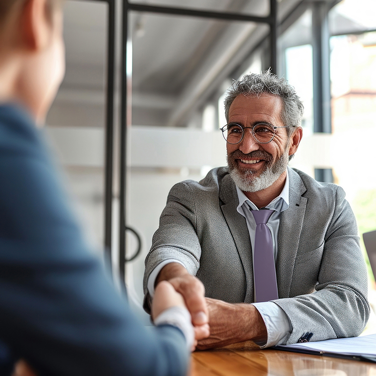 Middle-aged businessman shaking the hand of another businessman across a conference room table.